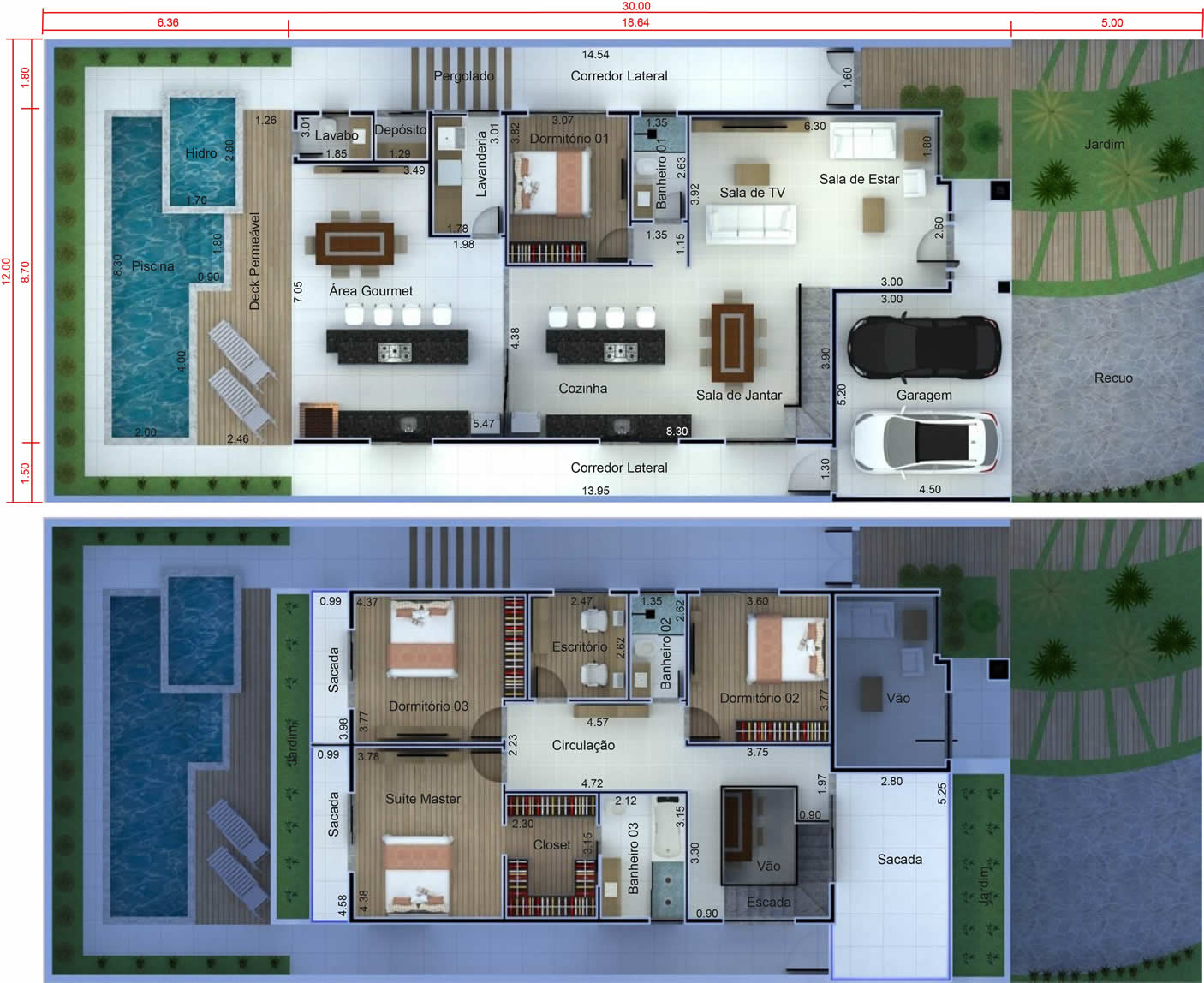 Plano de casa con oficina arriba 12x30m - PLANOS HOY